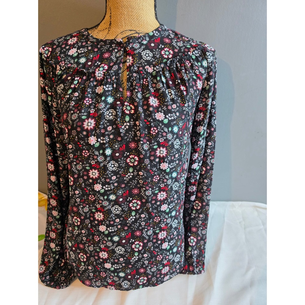 LOFT Floral Keyhole Blouse Black Multi-Color Long Sleeve Top XS